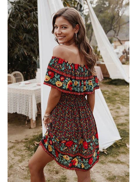 Supreme Fashion - Wholesale Dress - Women's - Boho Print Cut Ruffle Accented Pleated Short Dress3