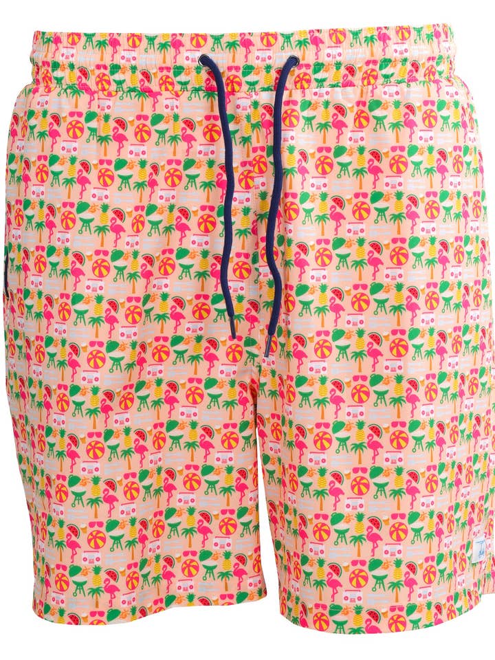 Perzik met Zwembadfeestprint Zwembroek voor wholesale door Bald Head Blues