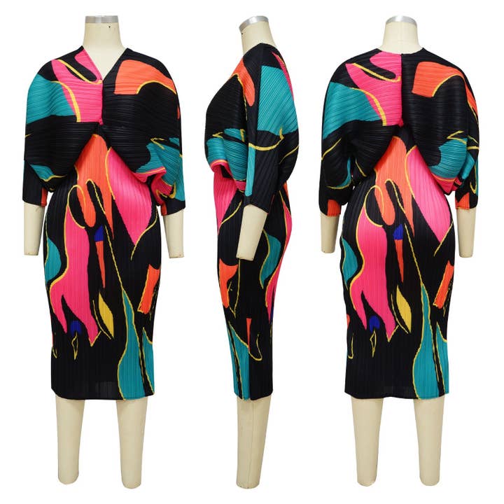 DORCAS - Wholesale Dress - Women's - PLUS FREE SIZE MULTI COLOR MIDI DRESS
