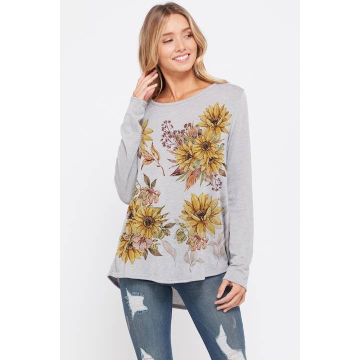 Top met boothals en lange mouwen met zonnebloemenprint voor wholesale door Phil Love