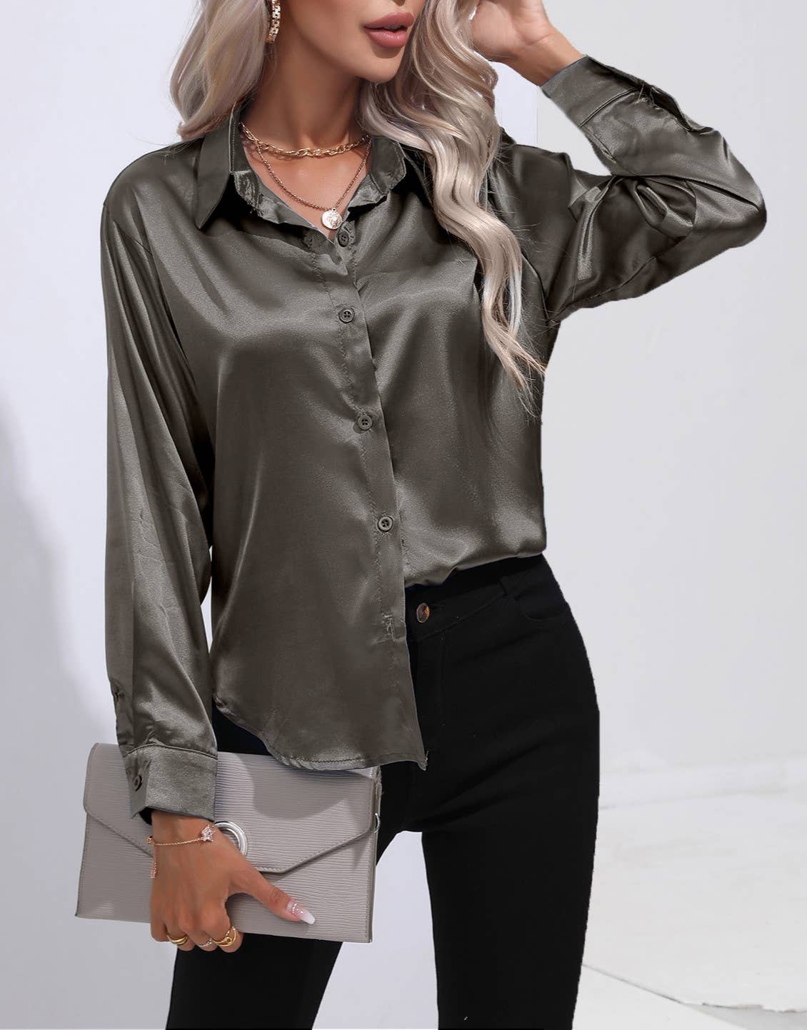 HIDDENBRAND - Wholesale Button Down Shirt - Women's - Satin Faux Silk Long-Sleeved Shirt41