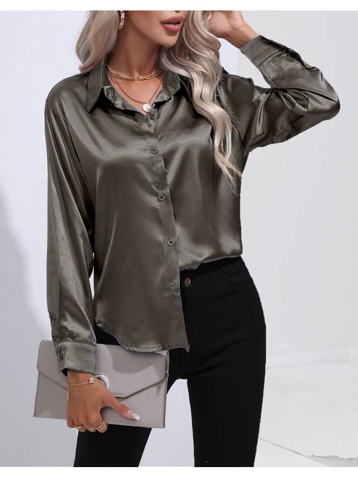 HIDDENBRAND - Wholesale Button Down Shirt - Women's - Satin Faux Silk Long-Sleeved Shirt41