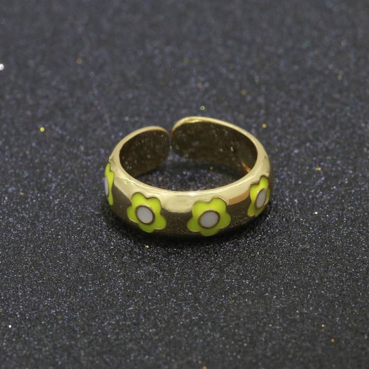 Aim Eternal – Anel de banda por atacado – Anel Ajustável Aberto com Margarida Dourada em Esmalte Joalharia Minimalista Empilhável Anel Midi S-021 ~ S-03017