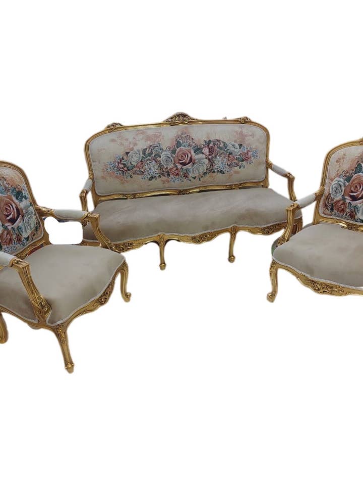 Ensemble de canapé en bois doré français, style Louis XVI, beige 19ème siècle (1 canapé + 2 chaises) pour la vente par MALuxury Furniture