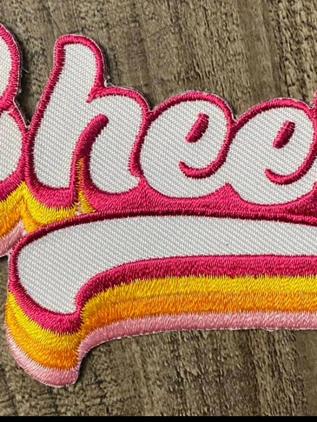 "Colorful Cheer Ribbon," (Pink/Org) Iron-on Patch, Size 5" for wholesale by Patch Party Club