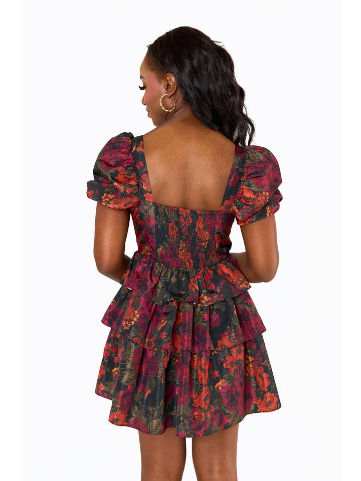 BuddyLove - Wholesale Dress - Women's - Jessa Nightshade Black Floral Short Sleeve Tiered Mini Dress