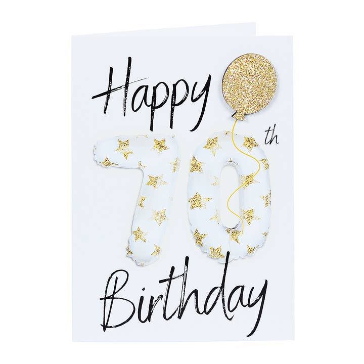 Biglietto di auguri per il 70° compleanno decorato con un palloncino di glitter dorato per la vendita all'ingrosso da parte di Lil's Cards