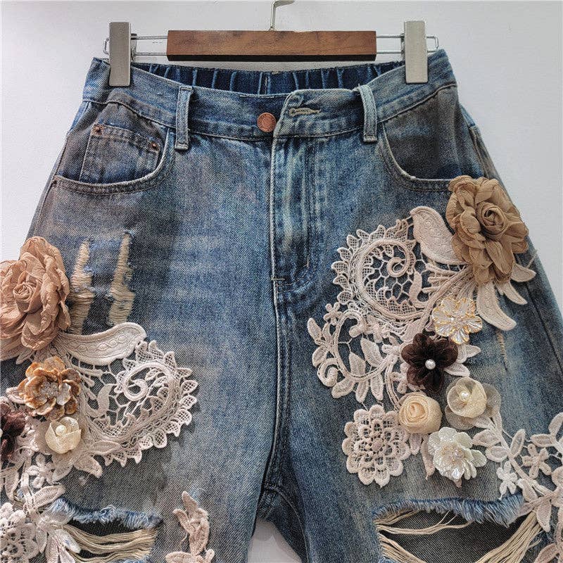 Sanyao Fashion - Wholesale Shorts - Women's - 1M237 Lace Floral Rhinestone Denim Shorts with Elastic Waist2
