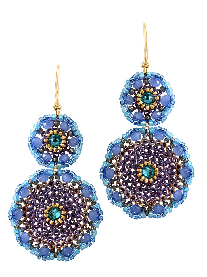 Double circle snowman earring in blue, style E24003 for wholesale by Miguel Ases