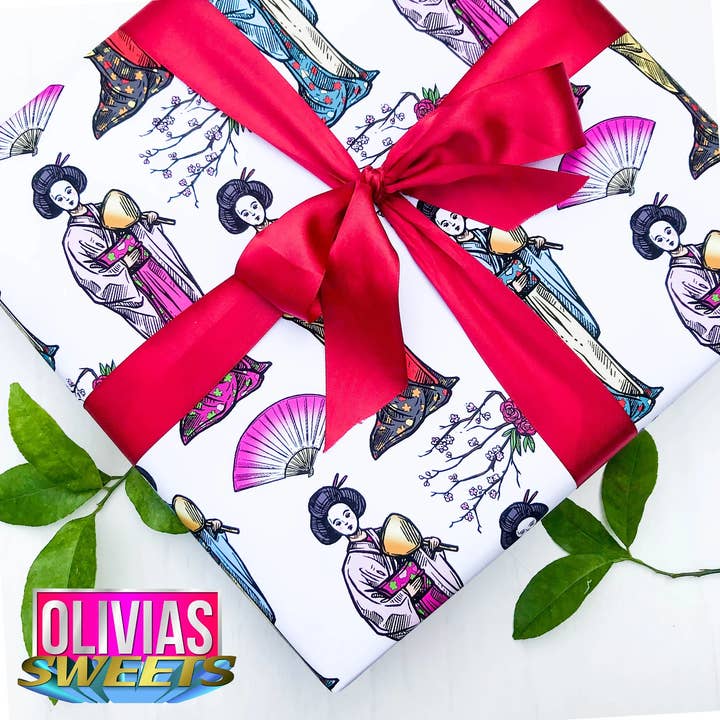 Japanese Geisha + Cherry Blossom Eco Friendly Gift Wrap for wholesale by Olivias Paper