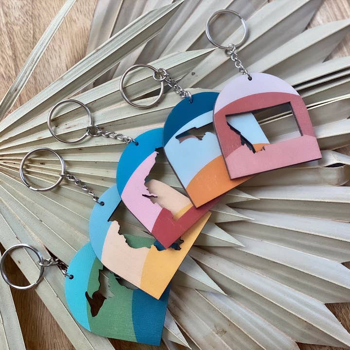 Custom State Arch Boho Wood Keychain for wholesale by Feather and Birch