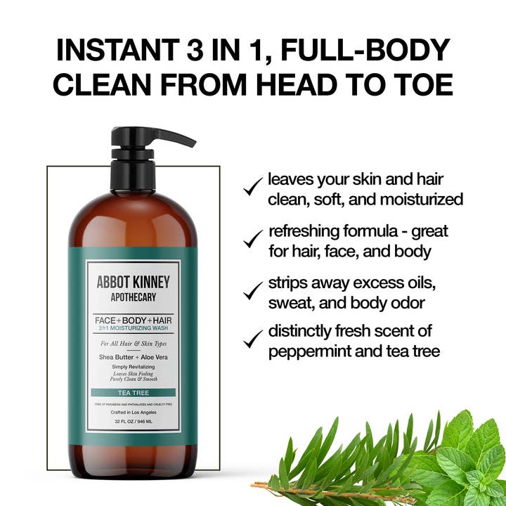 Abbot Kinney Apothecary – wholesale 2-i-1 schampo och kroppstvål – Herr – Mäns 3 i 1 schampo, balsam & kroppstvätt & tvål Tea Tree