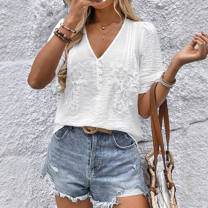 White Relaxed Fit Summer Pullover Shirt with V Neck and Detail for wholesale on Faire
