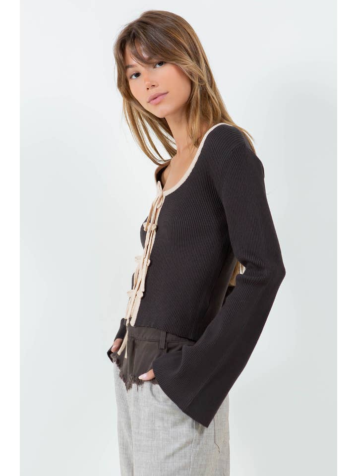 Brown Sand MULTI BOW TIES KNITTED CARDIGAN - BROWN/SAND for wholesale on Faire2