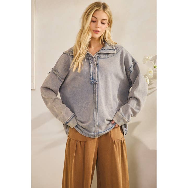 DENIM THE WASHED FRINGE HENLEY PULLOVER (ST8148) for wholesale on Faire3