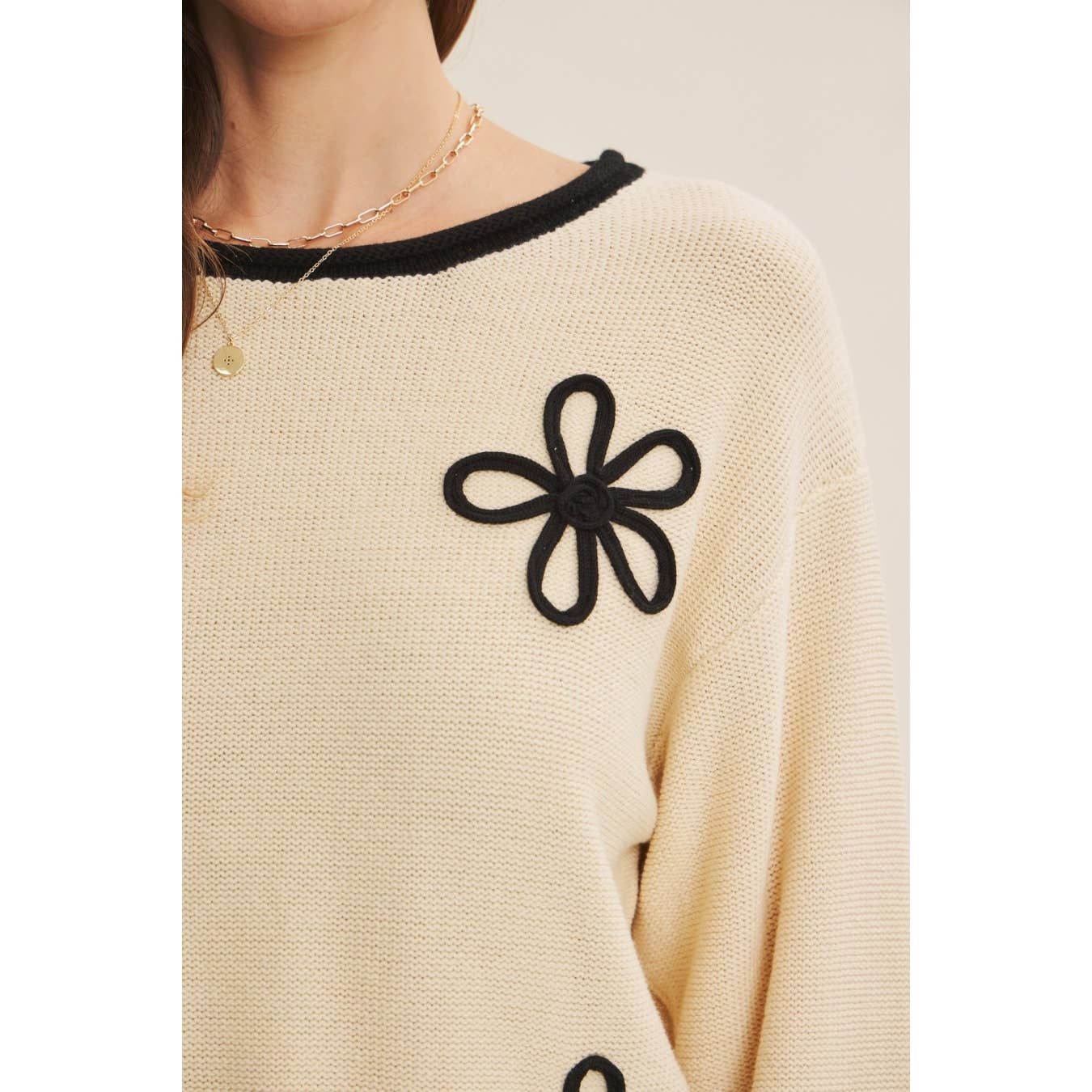 in february - Wholesale Knit Sweater - Women's - EFFORTLESS COMFORT CONTRAST FLORAL APPLIQUE SOFT SWEATER6