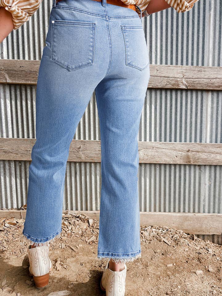 Lovesoft - Wholesale Jeans - Women's - Sail Blue Mineral Wash Raw Hem High Waist Flared Jeans
