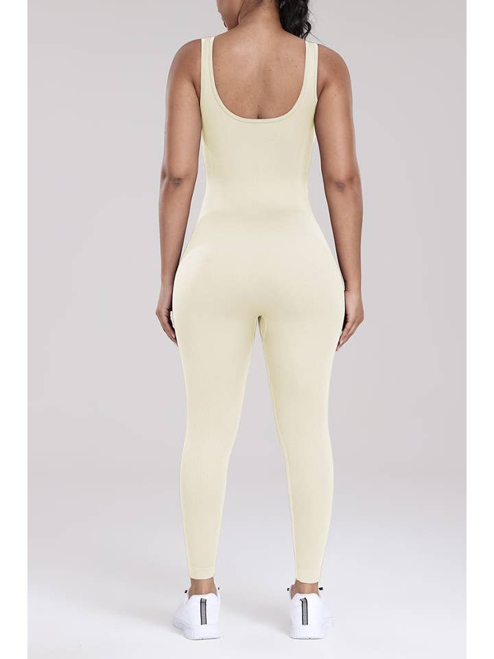 Color 5 - Wholesale Unitard - Women's - Bone off white seamless ribbed fitted tank style jumpsuit