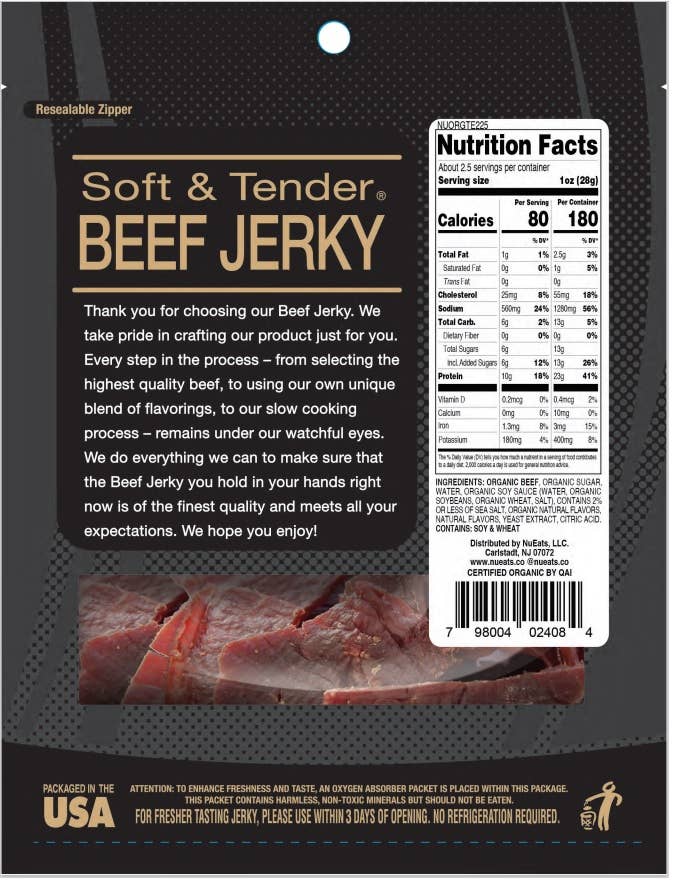 NuEats - Vente Viande séchée - NuEats Jerky de bœuf biologique 100 % nourri à l'herbe, Teriyaki, 64 g1