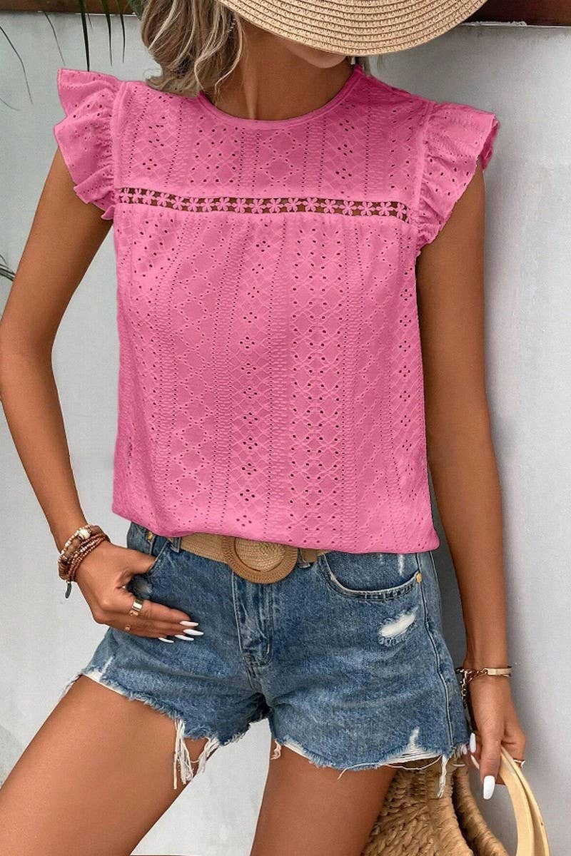 NINEXIS - Wholesale Blouse - Women's - CWTBLS0605_ ROUND NECK LACE RUFFLE SHORT SLEEVE BLOUSE TOP0