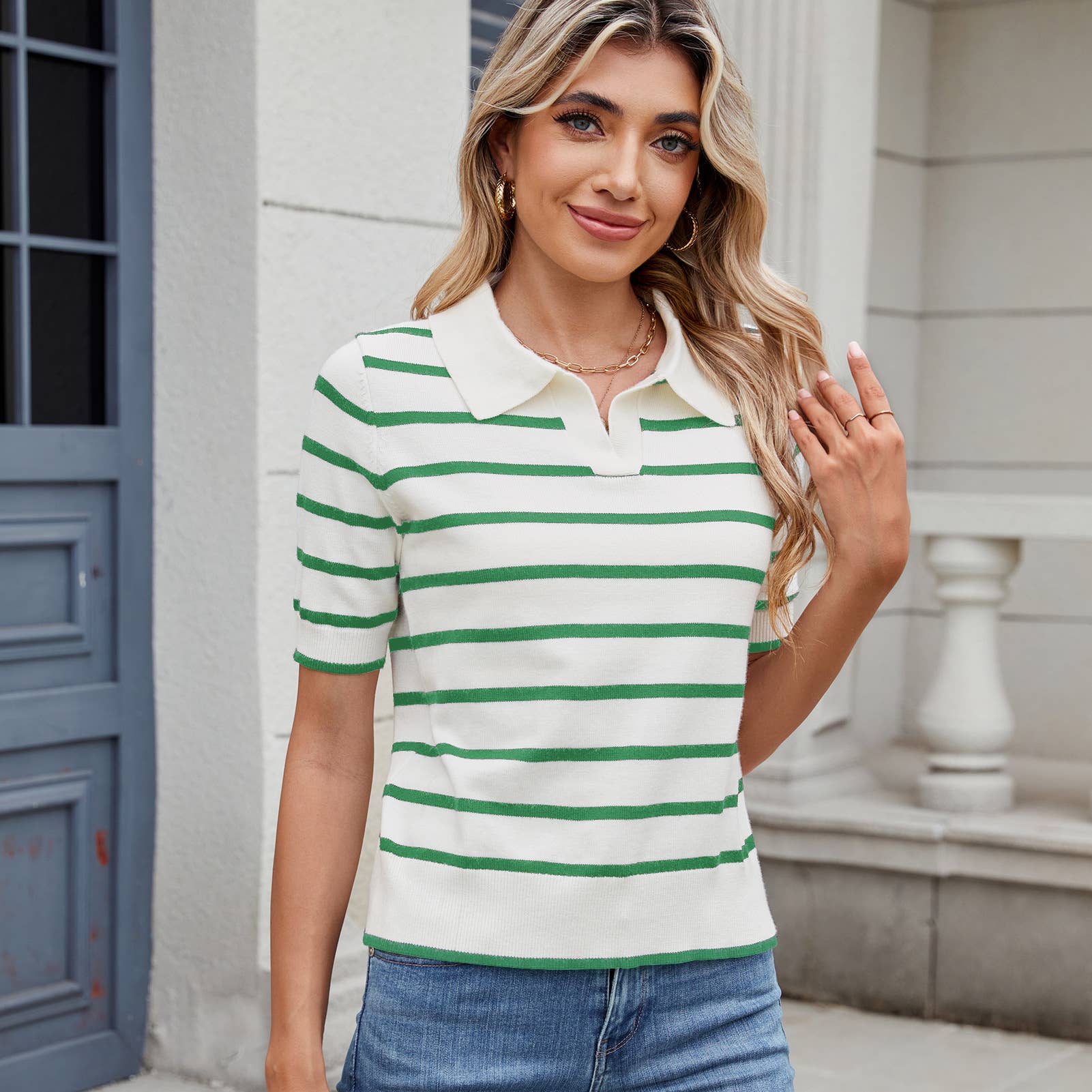 Lily Clothing - Wholesale Knit Sweater - Women's - CASUAL COLOR STRIPED SWEATER WITH LAPEL NECK8