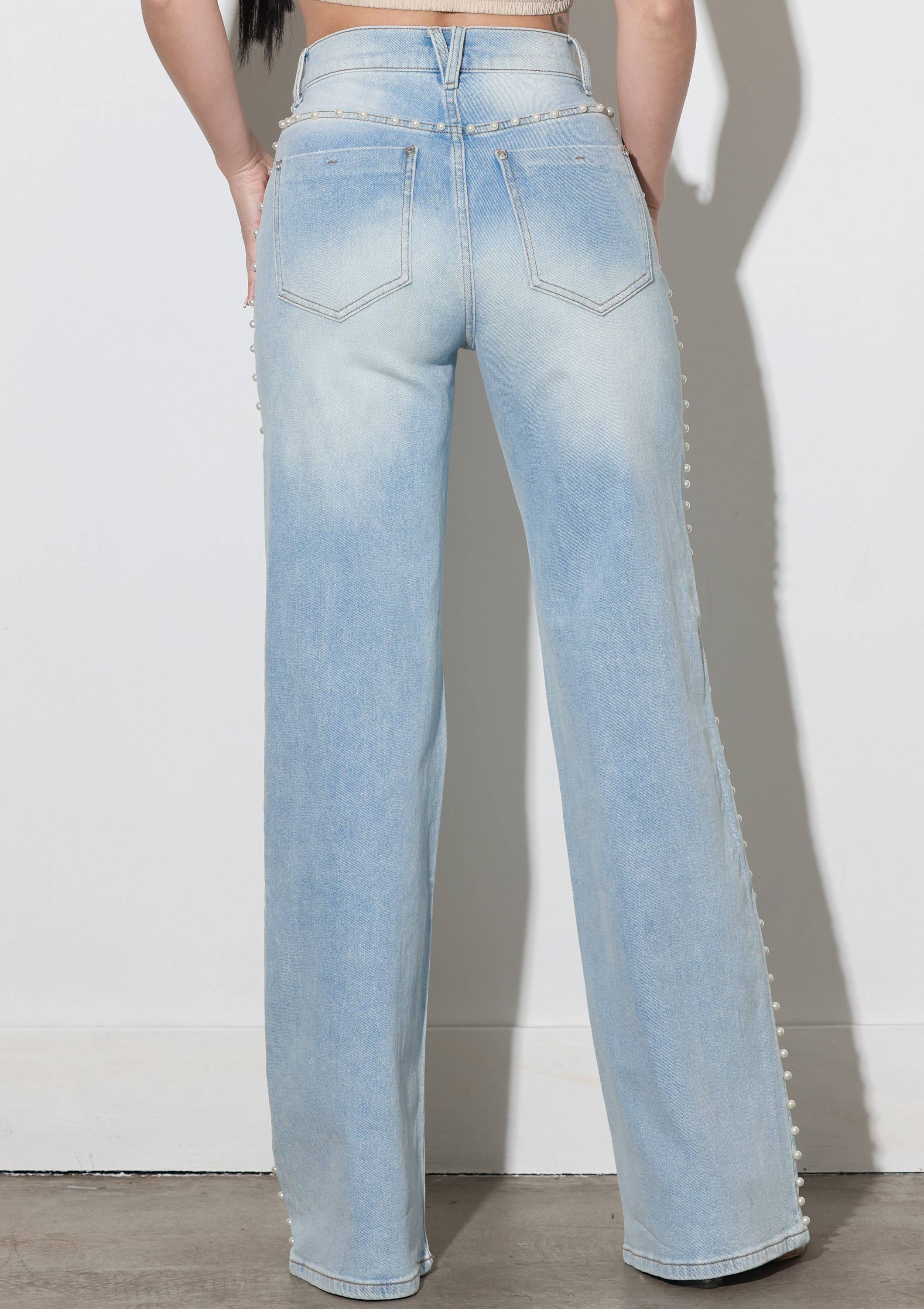 Light Stone Pearl Stud High Rise Wide Jeans for wholesale on Faire2