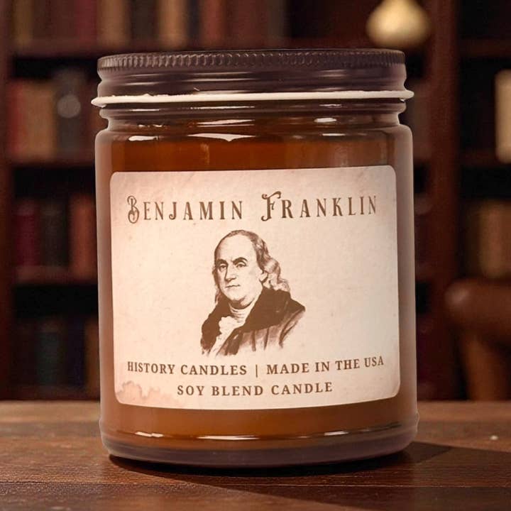 BENJAMIN FRANKLIN Candle | Gift Shop Memorabilia for wholesale by History Candles