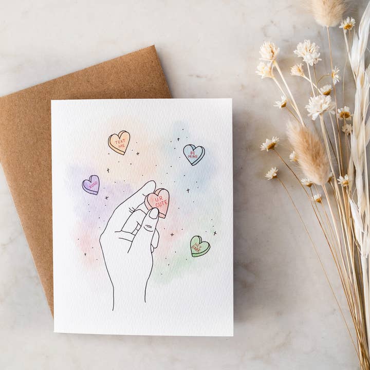 Candy Hearts Valentinstagskarte für den Großhandel von Clara Cecilia Design