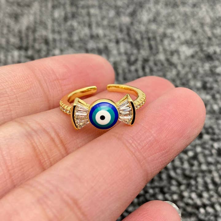 Mio Queena - Wholesale Cocktail/Statement Ring - Enamel Rhinestone Turkey Eye Evil Eye Golden Adjustable Rings13