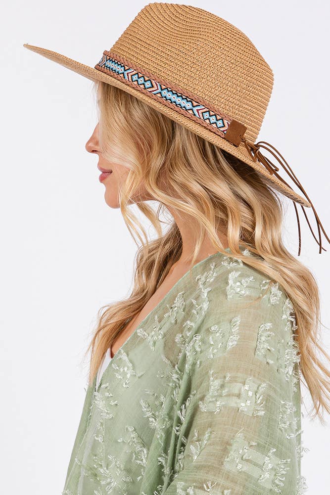 Hana – wholesale Stråhatt – Dam – Vävd Boho Aztekiskt Mönster Band Sommar Solhatt13