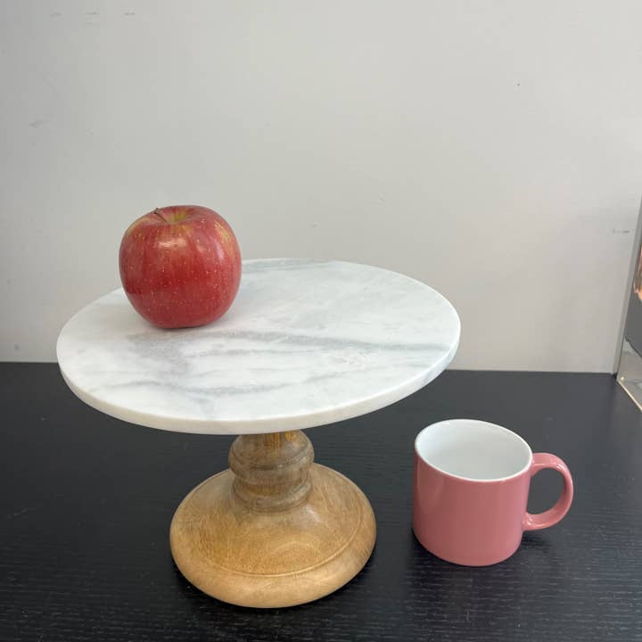 BIDKhome - Wholesale Cake Stand - Sm. Marble Plate On Mango Wood Stand- A1