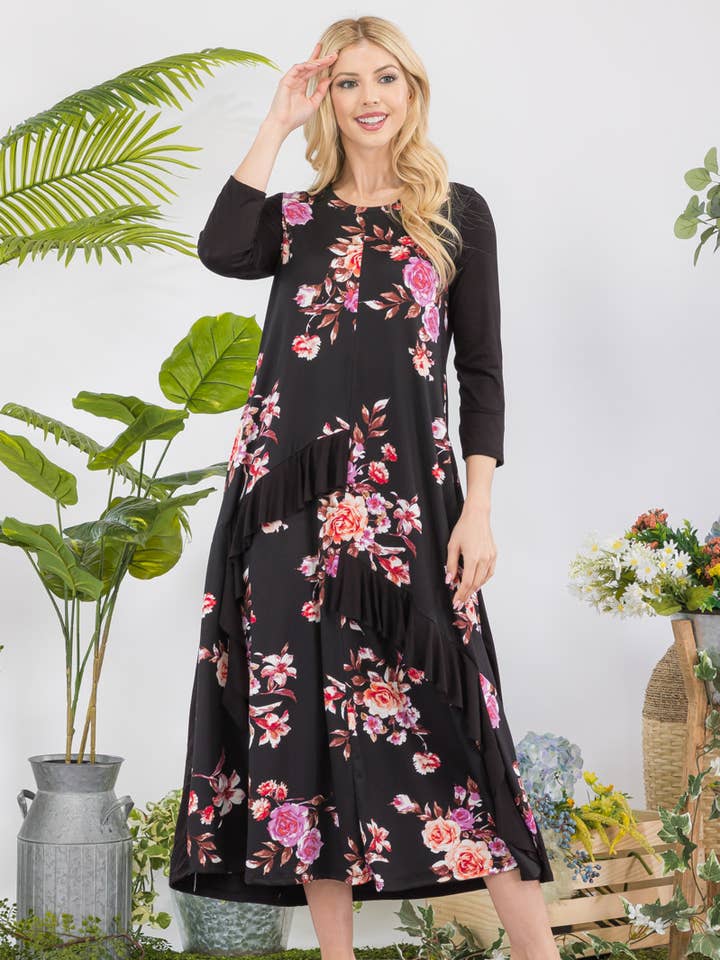 Plus Size blommig midiklänning med 3/4 ärmar -CD43841C-PL för wholesale av ClickPuff
