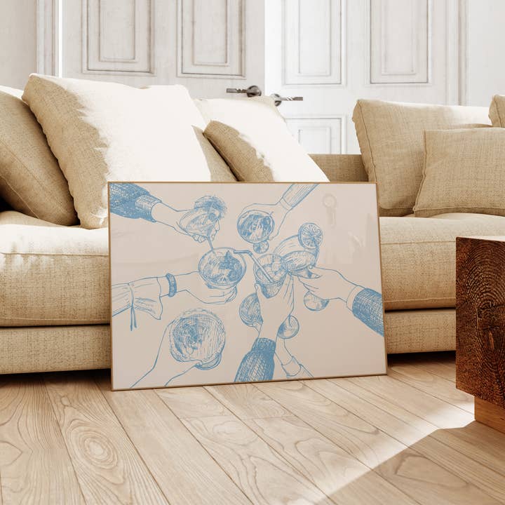KIKIANDNIM - Wholesale Art Print - Bar Cart Wall Art Print | Cheers Hands Sky Blue | Home Decor3