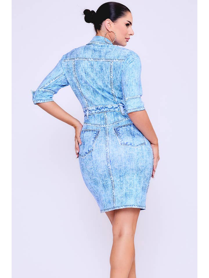 Her Bottari - Wholesale Dress - Women's - BD3696_Denim effect button down short sleeve mini dress3