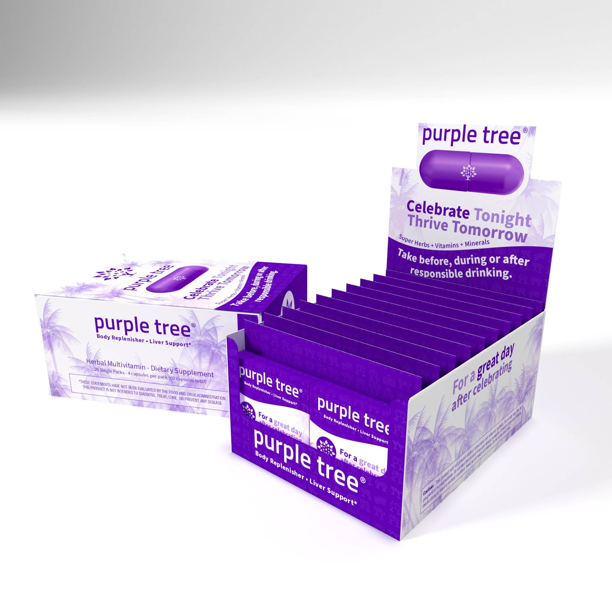 Purple Tree Labs - Wholesale Oral Supplement/Vitamin - Purple Tree Post-Celebration Kit POS - 20 To-Go Packs0