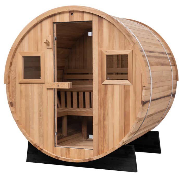 Patio Elegance – wholesale Outdoor ornament/decor – Extra-Wide Barrel Outdoor Sauna x Denali Cold Plunge1