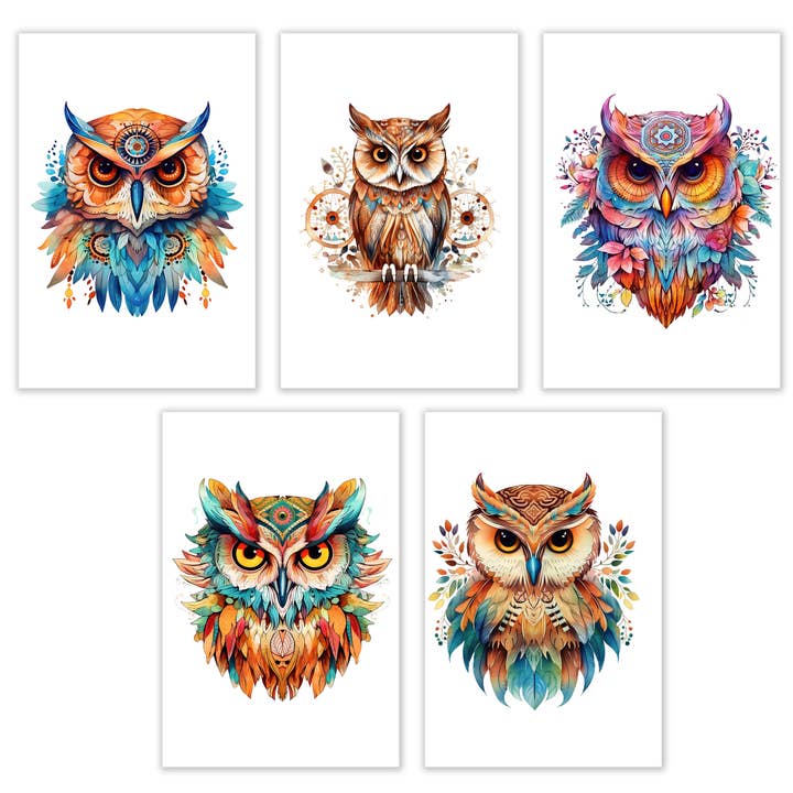 10 Handmade Notecards 4x6 with Envelopes Blank Boho Owls Folded for wholesale by Blue Morning Expressions