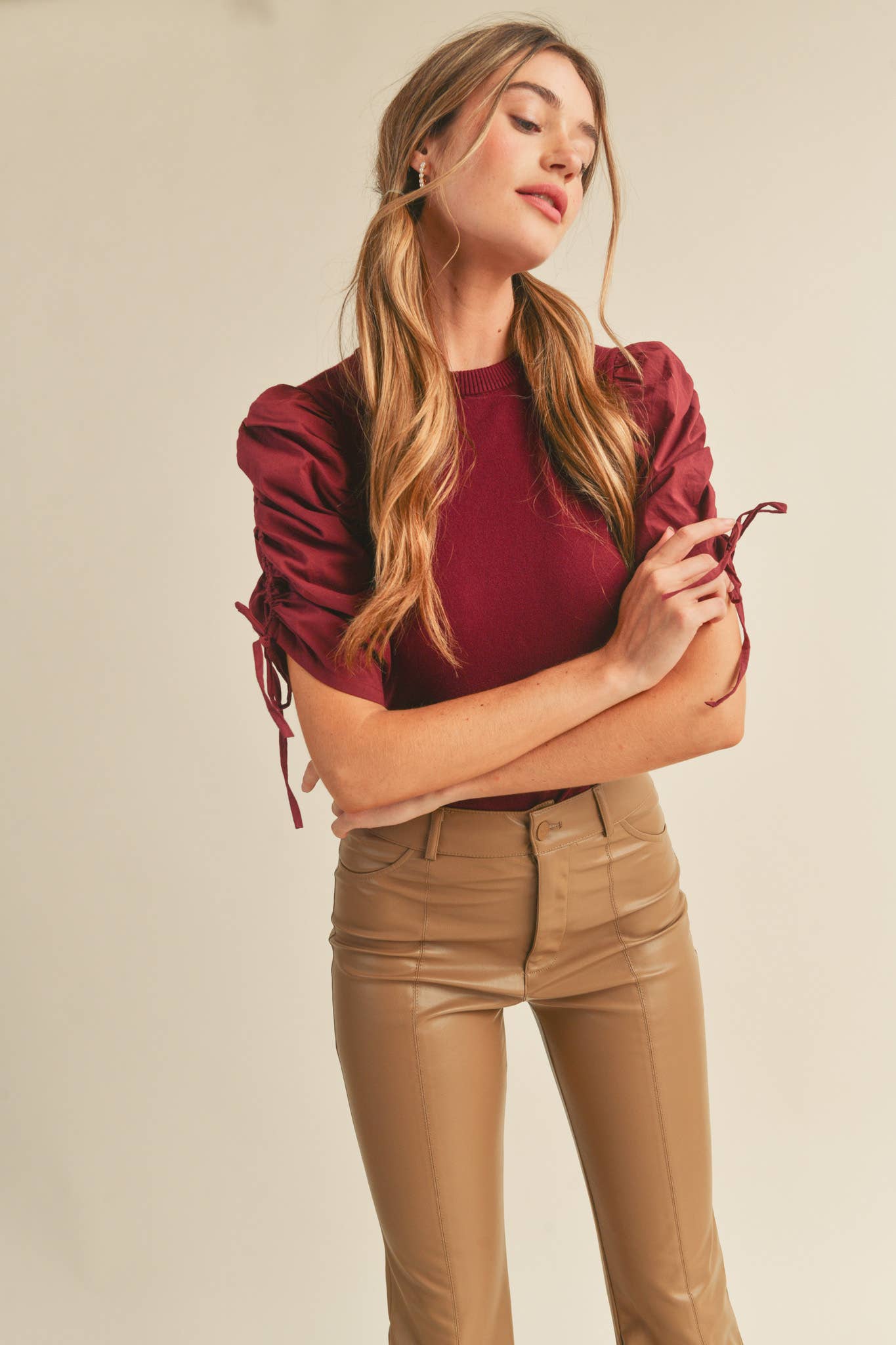 &MERCI - Wholesale Knit Top - Women's - RUCHED SLEEVE MIXED MEDIA TOP MSW246428