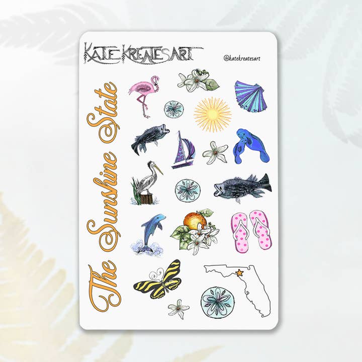 Florida State Sticker Sheet, State Symbols Hand Drawn for wholesale by Katekreates
