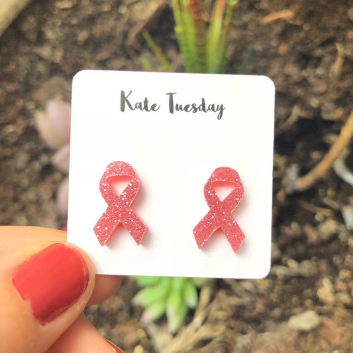 Pink Sparkly Acrylic Breast Cancer Earrings for wholesale by Kate Tuesday Jewelry