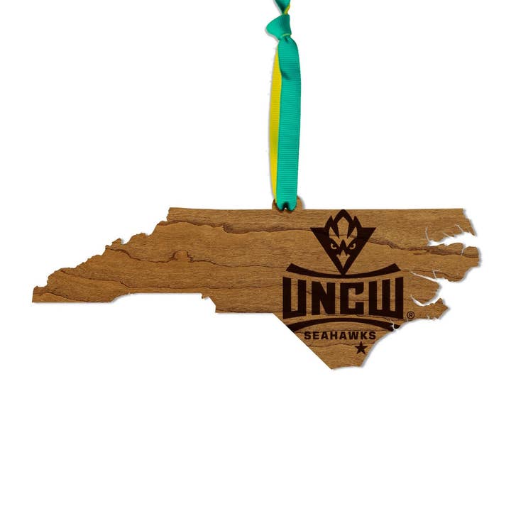 University of North Carolina Wilmington Seahawks on State Ornament – Crafted from Cherry and Maple Wood – UNCW Seahawks for wholesale by LazerEdge