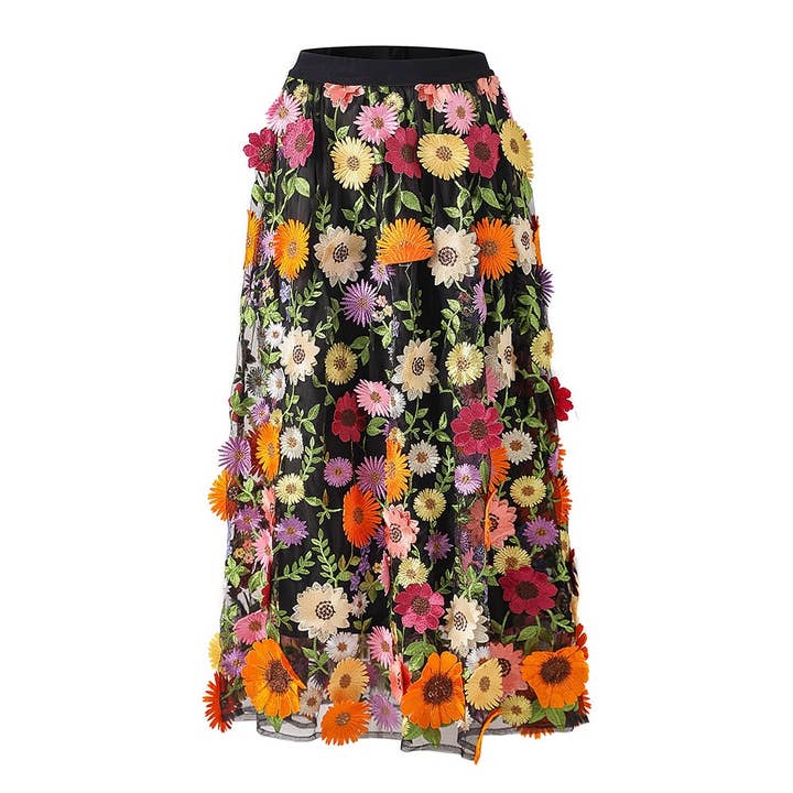 Black SK016 Fresh Daisy & Sunflower Lace High Waist Skirt for wholesale on Faire