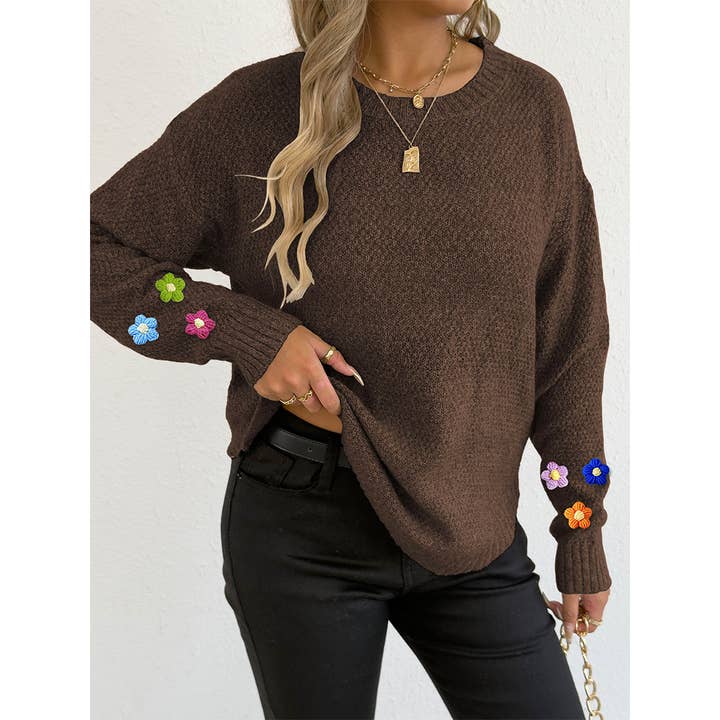 UNISHE - Wholesale Knit Sweater - Women's - Hand-Crocheted Floral Patchwork Round Neck Sweater OYM2538