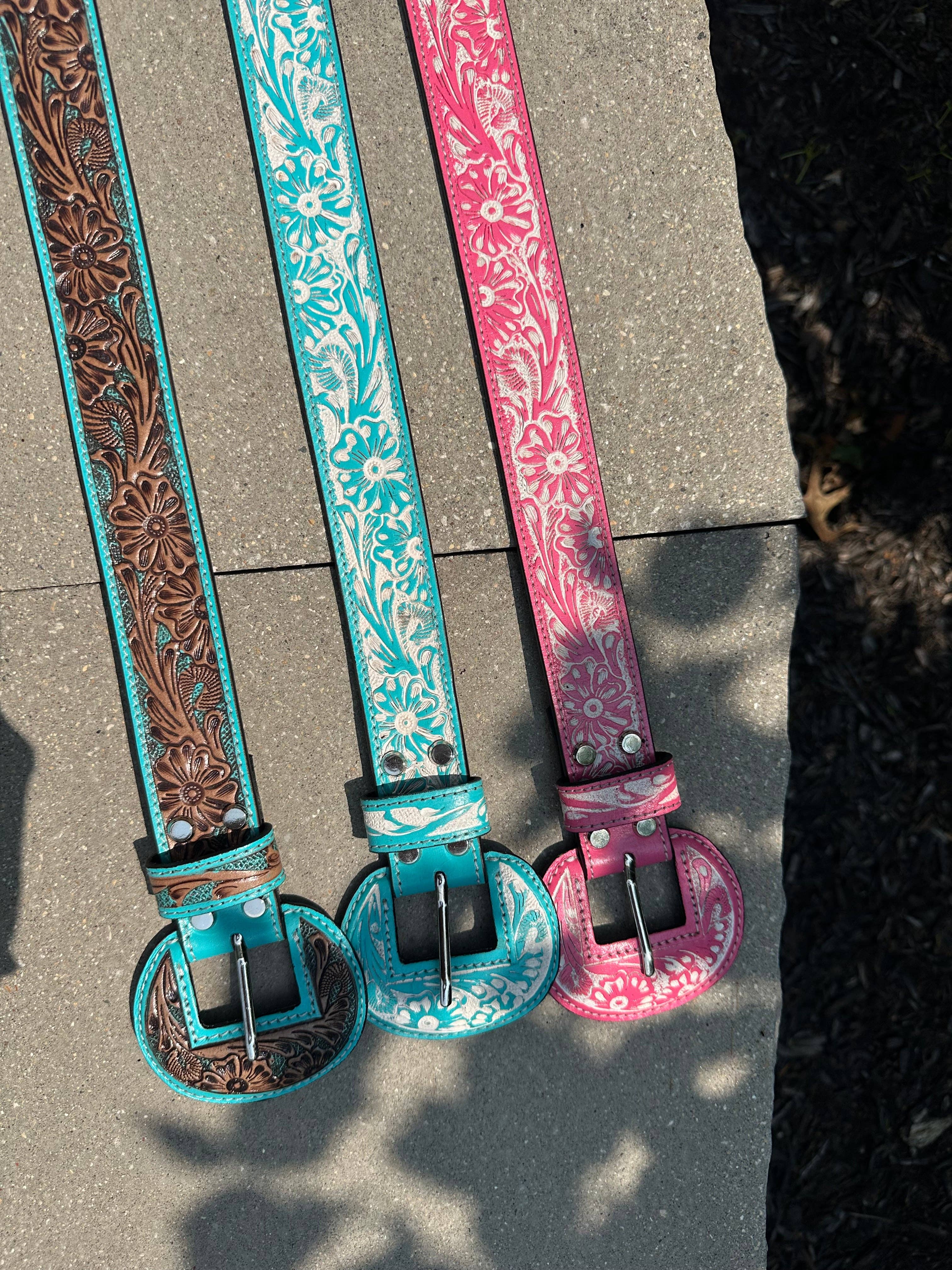 BDN Boutique - Wholesale Belt - Women's - Hand Tooled Genuine Leather Wide Rounded Buckles Belt *3colors7