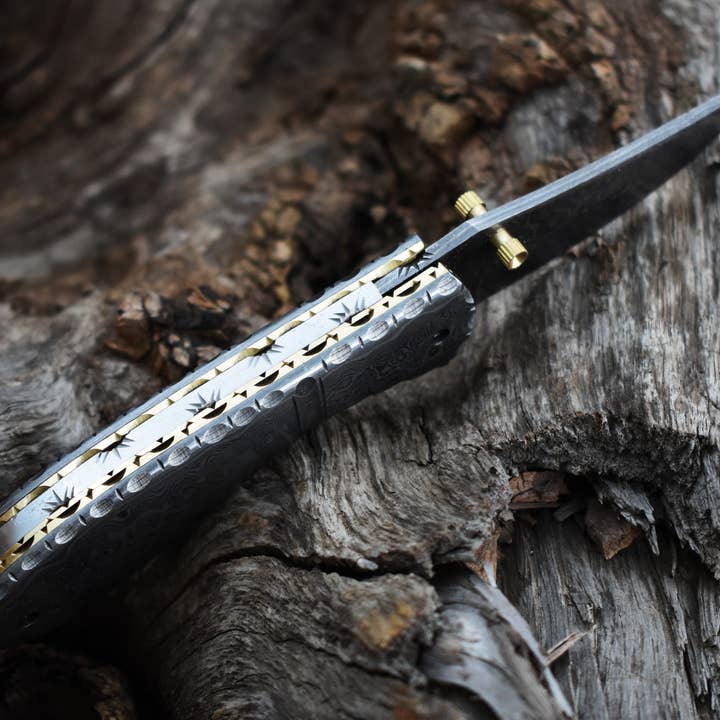 SHINY CRAFTS - Wholesale Pocket Knife/Holder - Full Damascus Pocket knife with Damascus Handle & Blade, Folding knife with liner lock, Camping Knife, Hunting knife with Premium Leather Sheath (FK-09)4