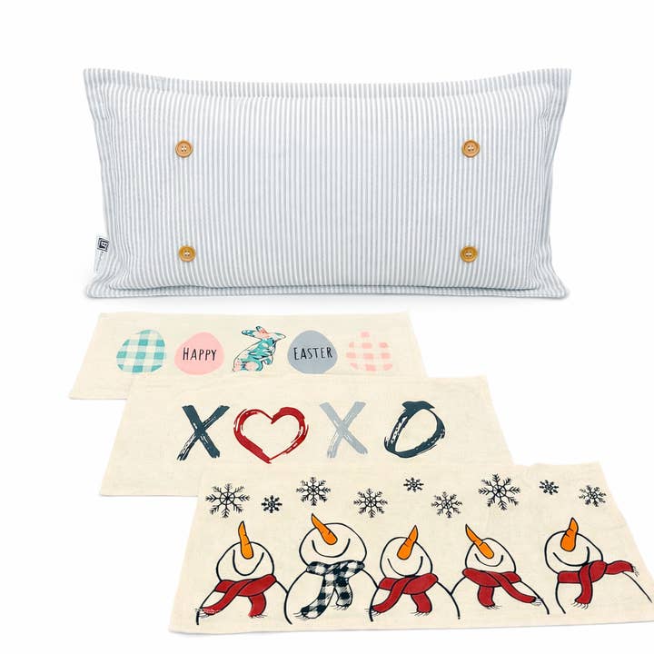 NOVITÀ! Pacchetto INVERNO 26: cuscino a righe grigie, SCIARPE DA PUPAZZO DI NEVE, XOXO, UOVA PASTELLO per la vendita all'ingrosso da parte di PillowPanels