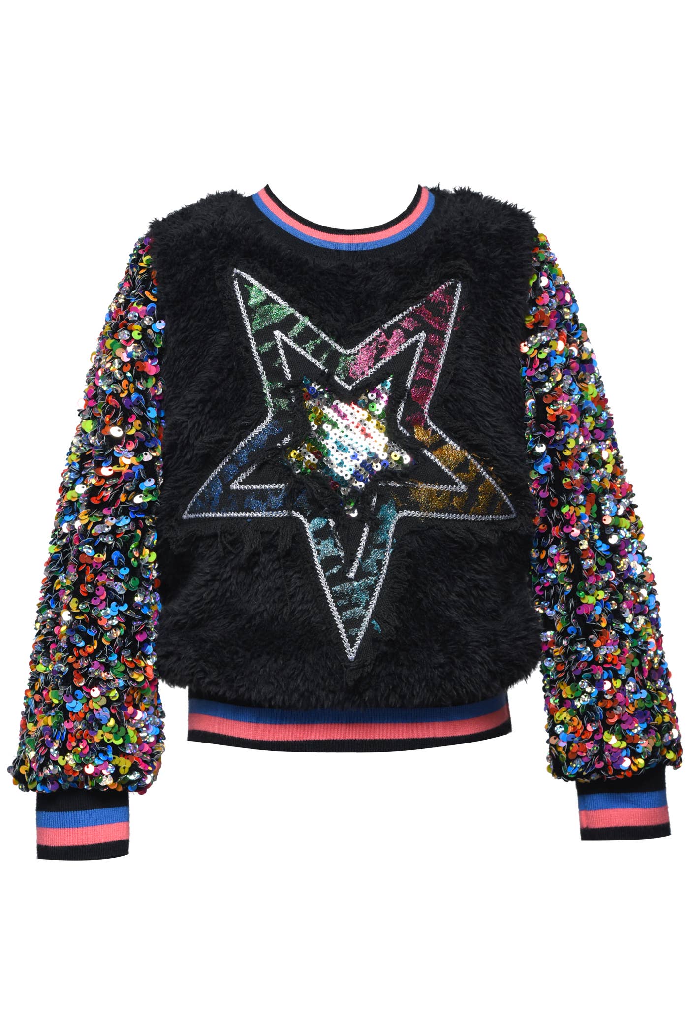 Blk Multi Sherpa Top W/Sequins & Star Detail for wholesale on Faire0