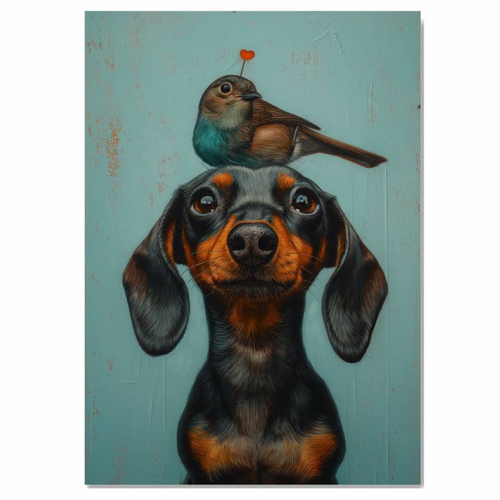 Whimsical Dachshund with Bird Nursery Room Animal Canvas for wholesale by Art Paradise Studios