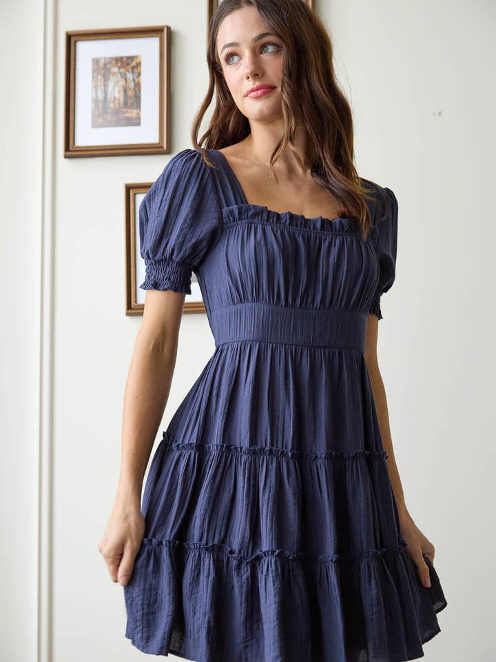 Blu Pepper - Wholesale Dress - Women's - SQUARE NECK SMOCKED DETAIL TIERED MINI DRESS