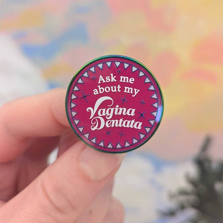 Cunning Linguist Co. - Wholesale Lapel Pin/Button - Ask Me About My Vagina Dentata soft enamel pin with epoxy